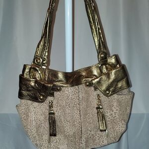 B. Makowsky Leather Snakeskin Metallic Gold and Tan Women's Handbag